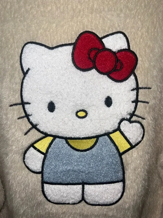 Hello Kitty Bow Sleeve Fuzzy Cardigan Cream Sanrio S/M NWT - Picture 7 of 13